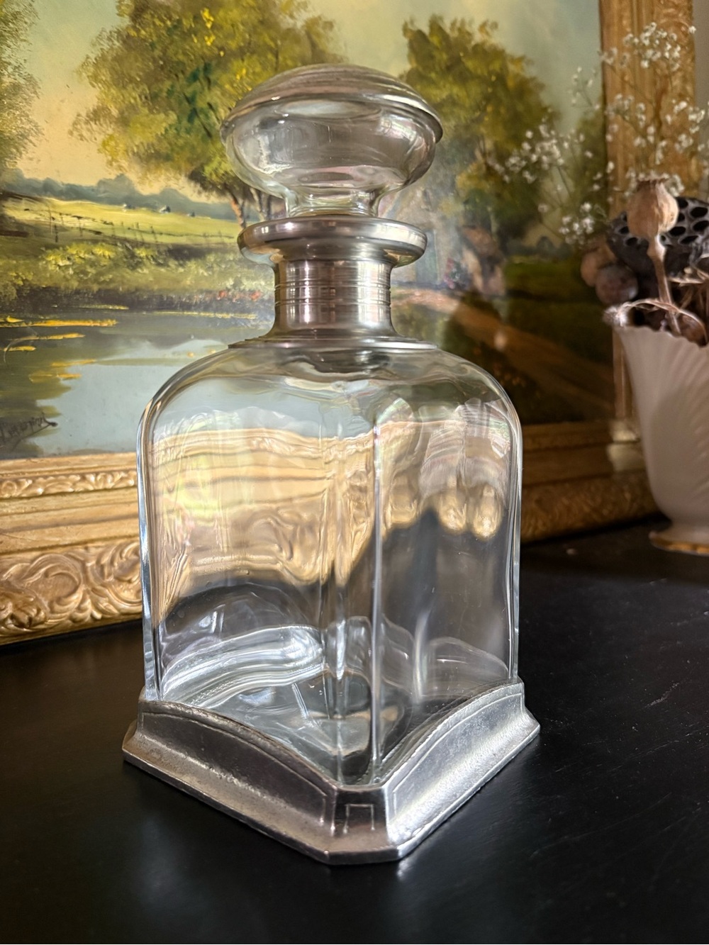 Italian Glass & Pewter Medium Geometric Decanter w/ Rounded Stopper Minimalist